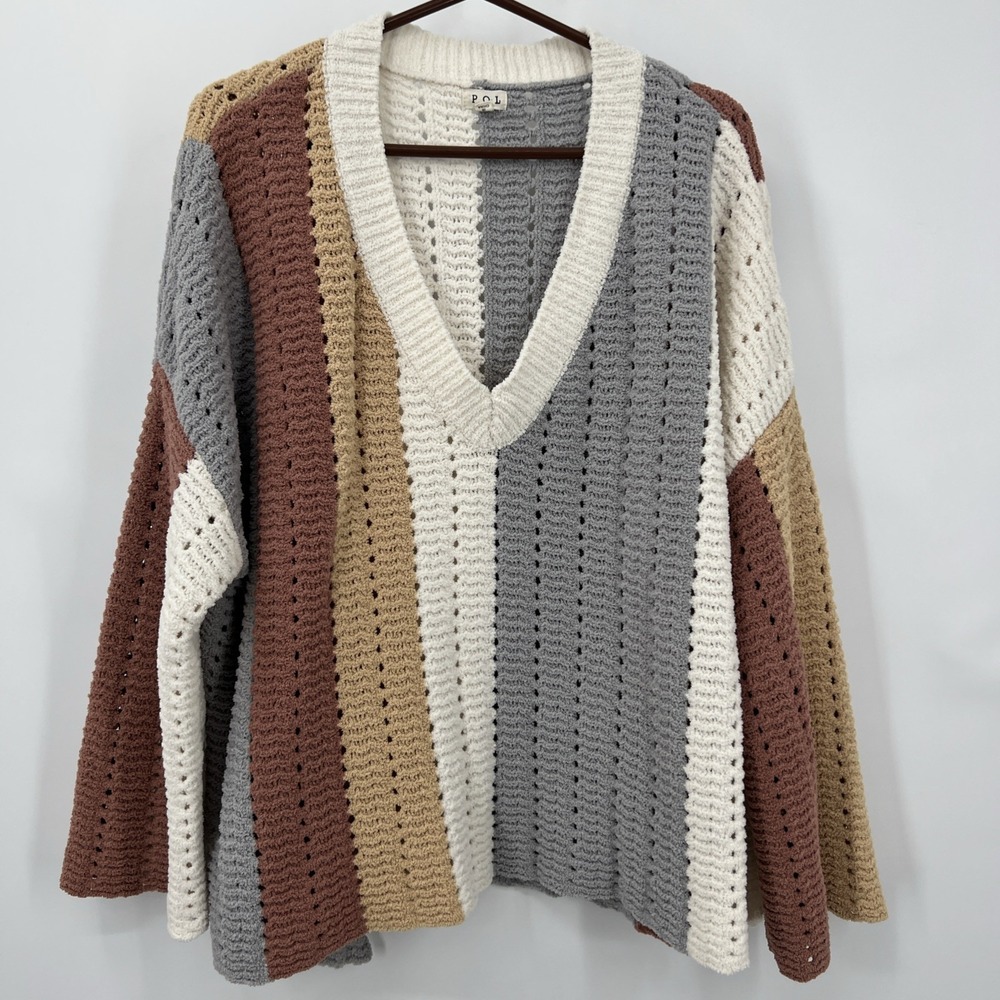 POL Chenille‎ Color Block Sweater Oversized Cozy V Neck Cottagecore Boho L